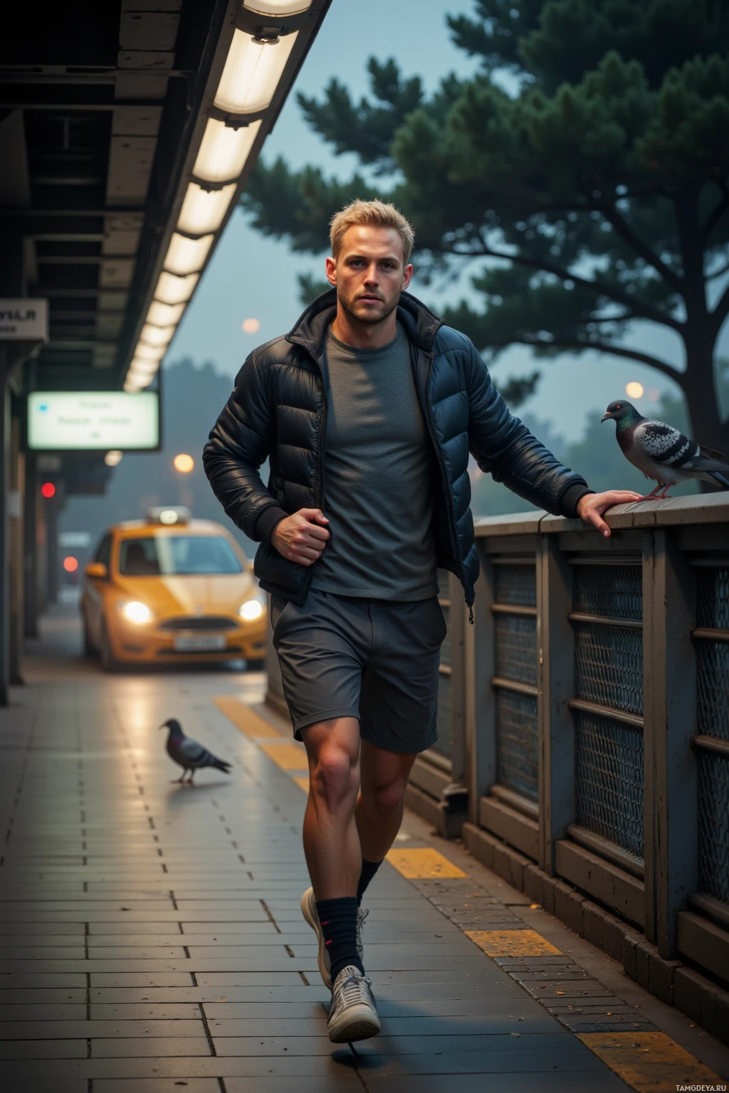 Мужчина в пуховике и шортах бежит по тротуару рядом с такси и голубем.