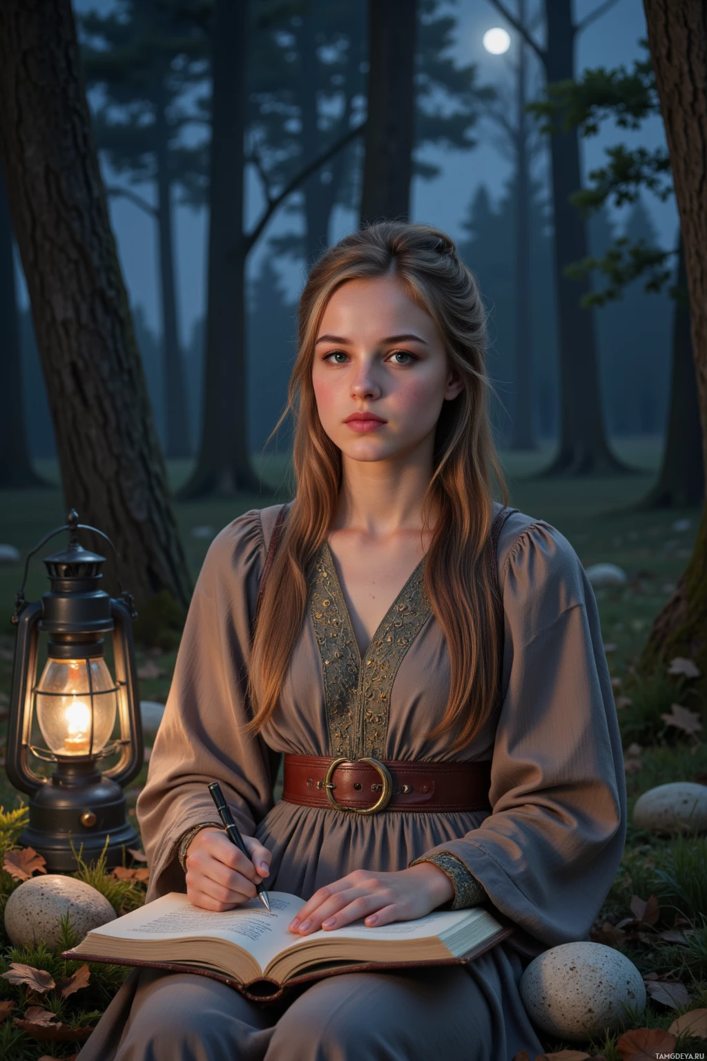 В лесу сидит женщина в платье в средневековом стиле, записывающая что-то в книгу, рядом с ней – фонарь.