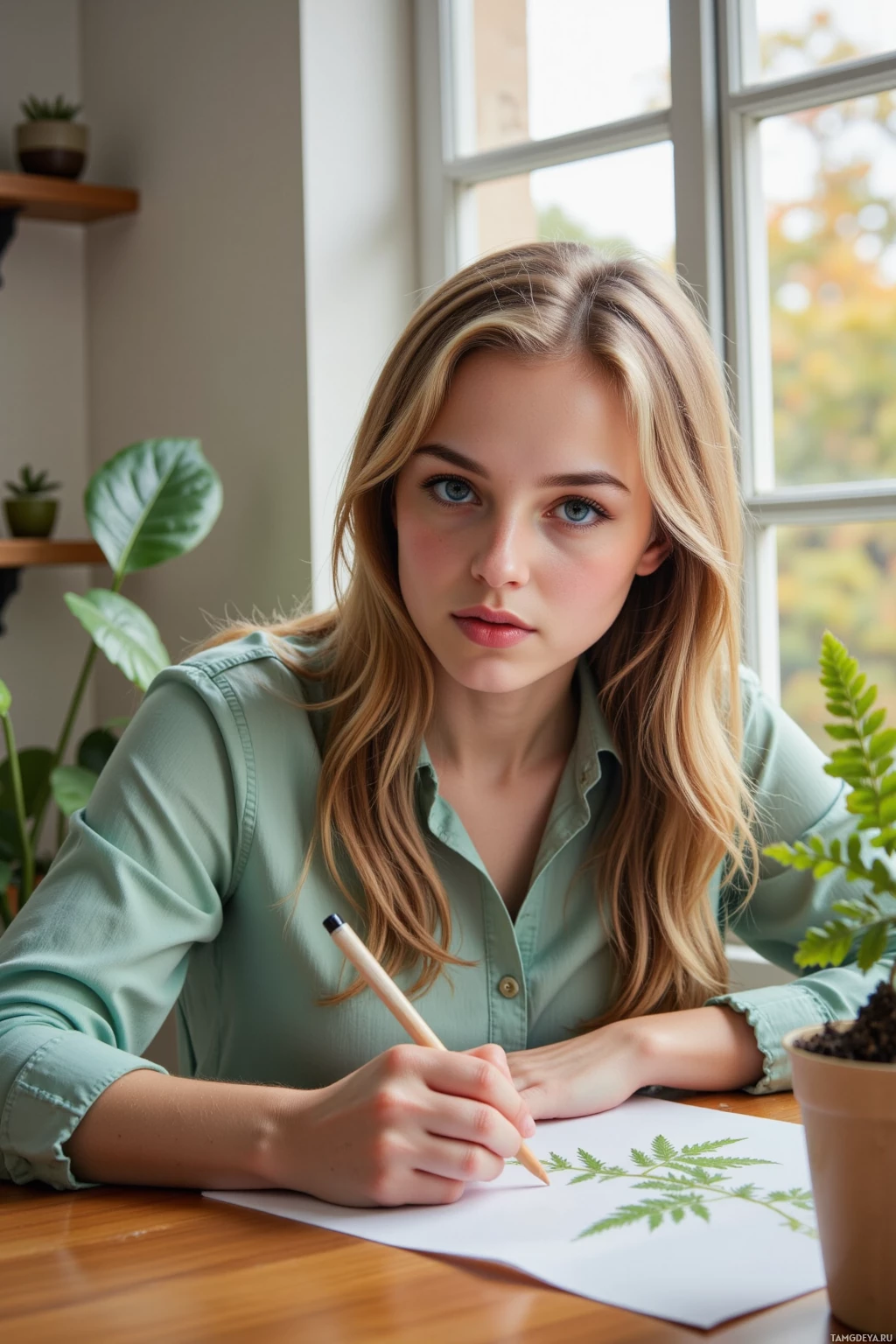 Человек с длинными волосами в зеленой рубашке рисует растение на листе бумаги.