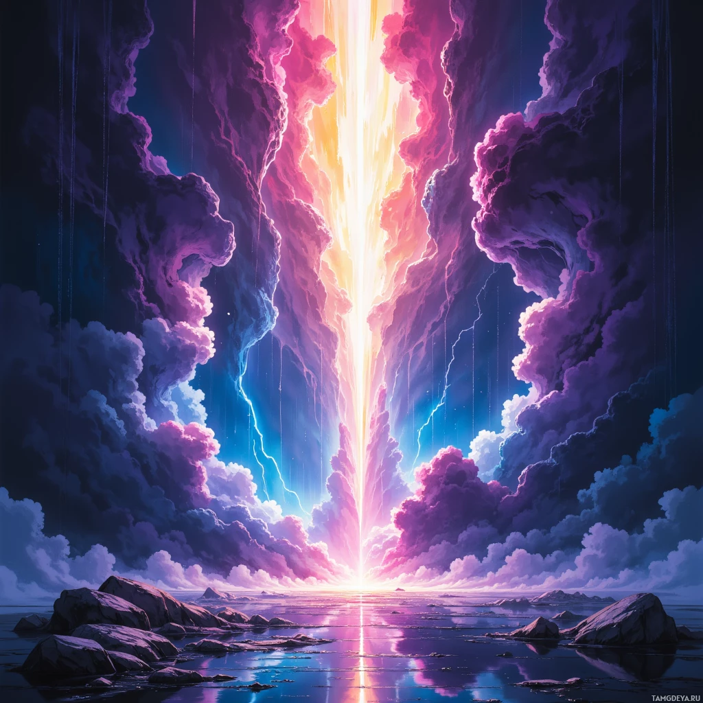 Яркое, неземное небо с сияющим лучом света, нисходящим к каменистому побережью.