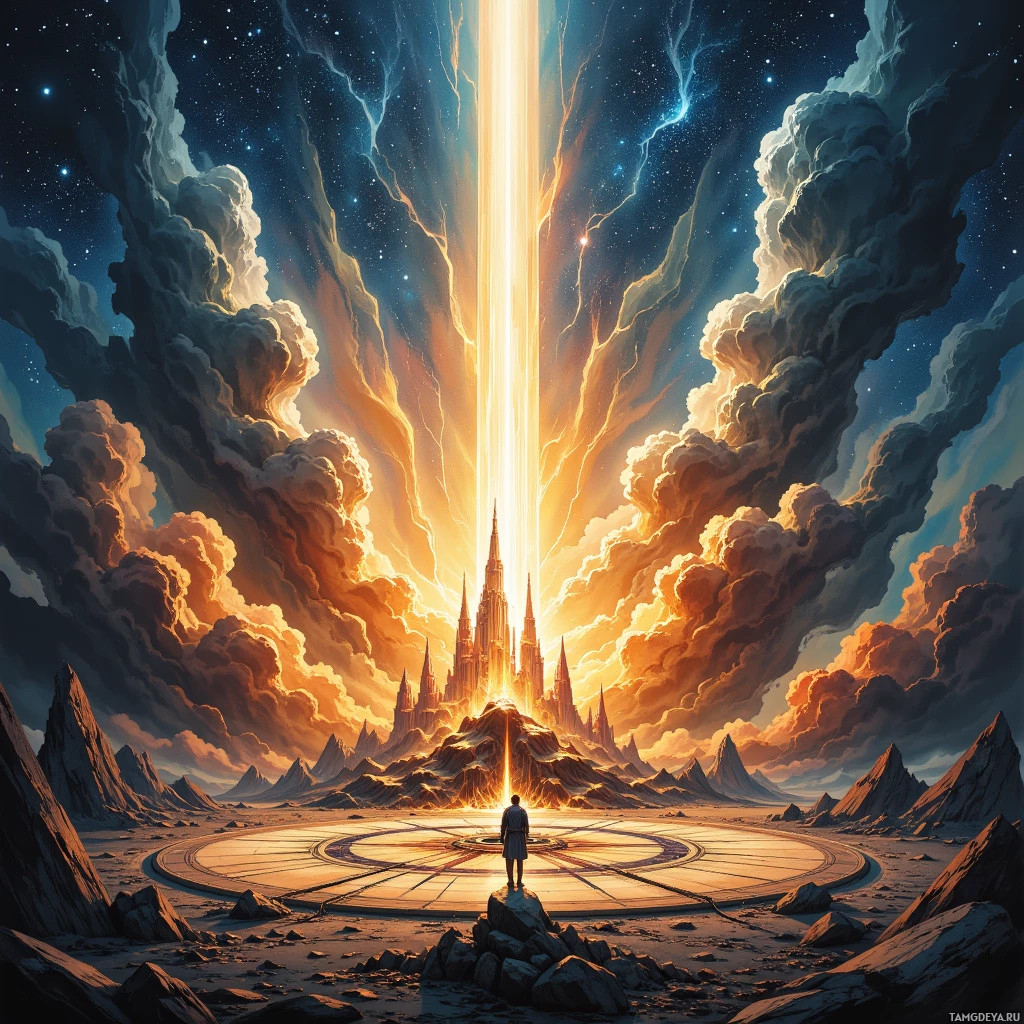Одинокая фигура стоит перед светящимся порталом, ведущим к величественному, неземному замку на фоне впечатляющего неба.