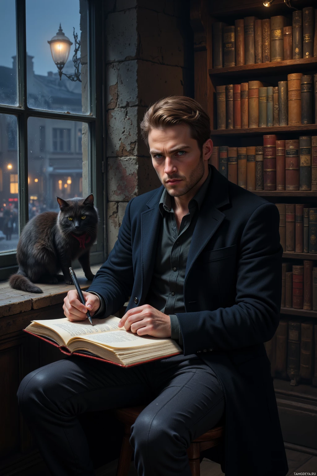 Мужчина в костюме сидит у окна и что-то записывает в книгу, рядом с ним — кошка.