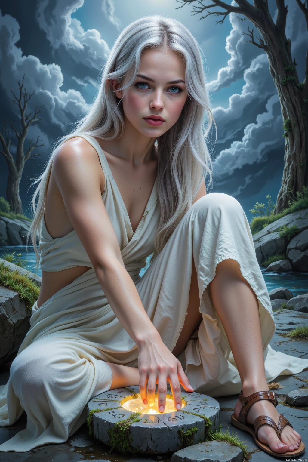 В развевающемся белом платье женщина сидит рядом с сияющим каменным кругом, в тихой, живописной местности.