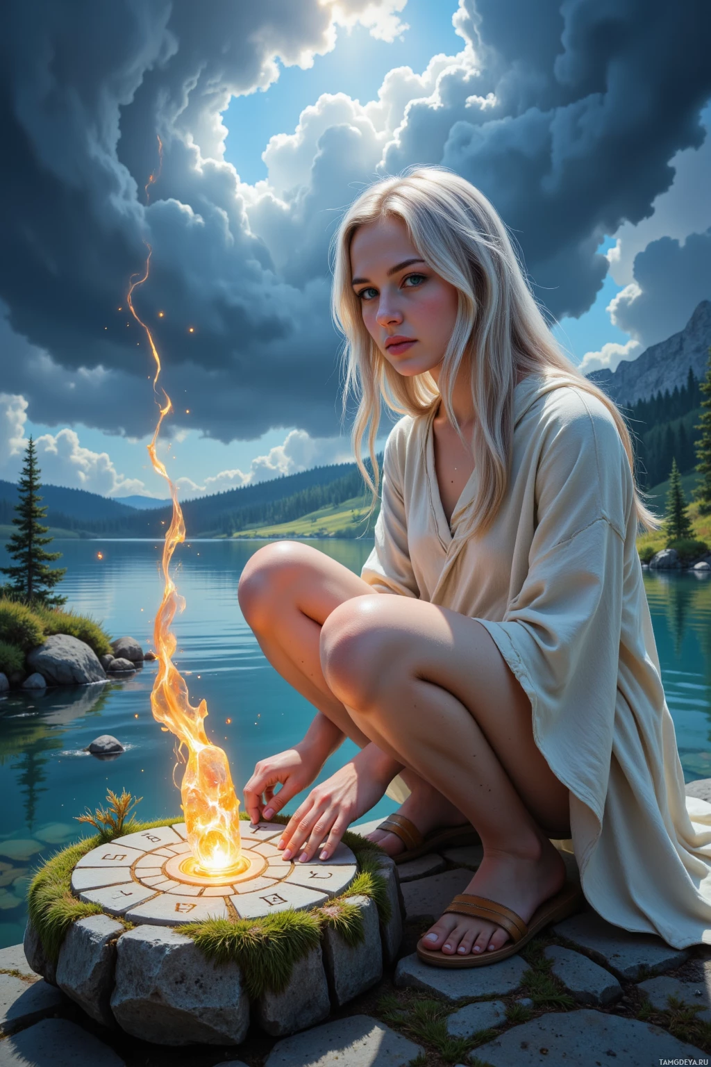 Женщина в светлом халате присела рядом с каменным кругом, излучающим мягкий свет, у спокойного озера, на фоне впечатляющего неба.