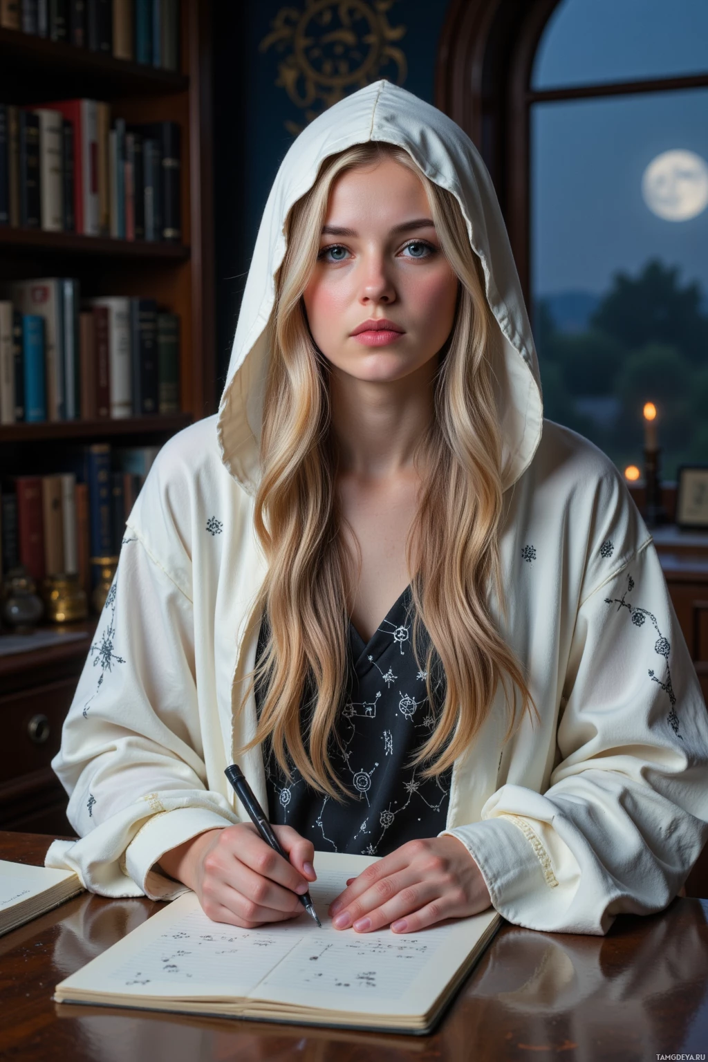 Человек в капюшоне сидит за столом и что-то записывает в блокнот.