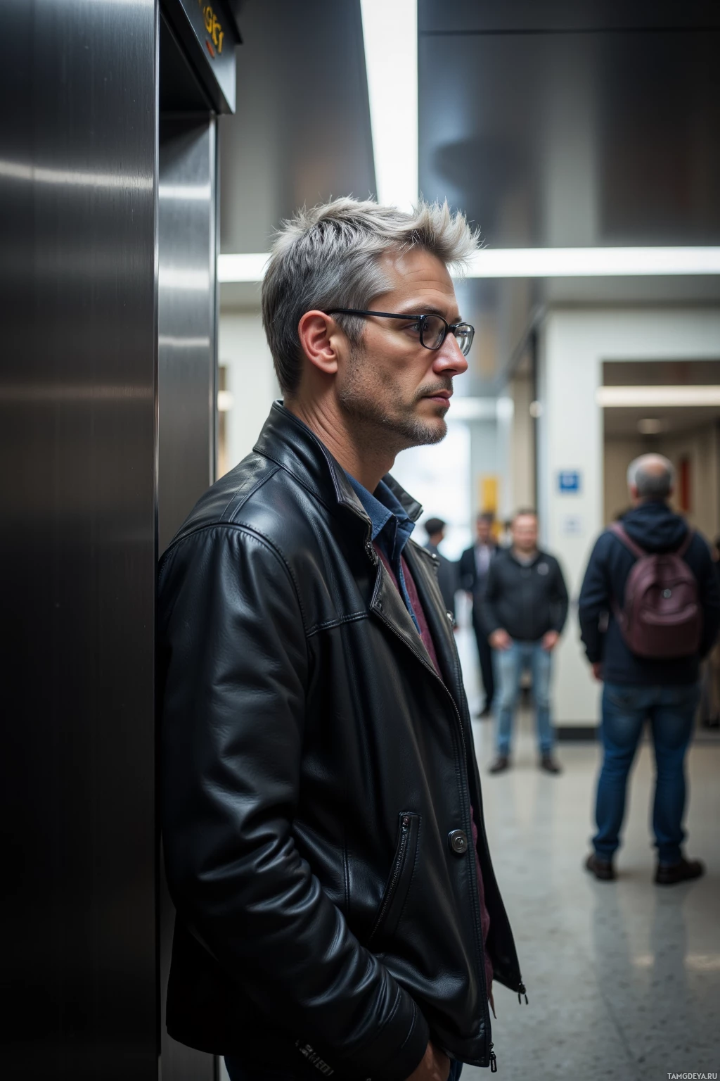 Мужчина в черной кожаной куртке стоит в лифте и смотрит в сторону.