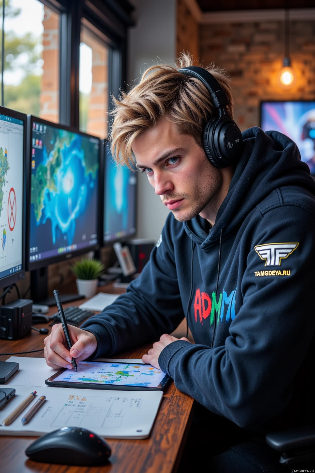 Человек в наушниках работает за столом с несколькими мониторами и планшетом.