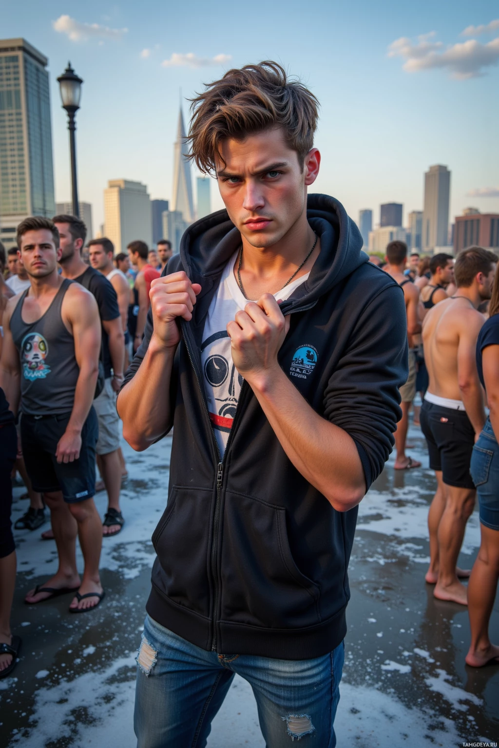 Молодой человек в толстовке и джинсах стоит на пляже, на заднем плане виднеется городской пейзаж.