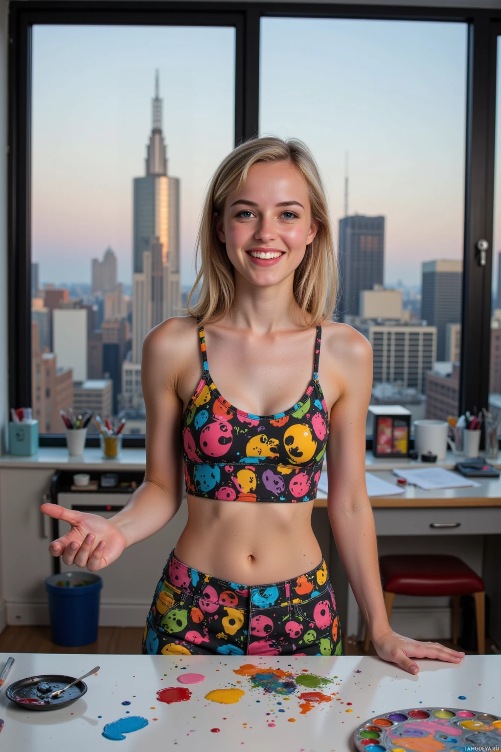 Человек стоит перед окном, из которого открывается вид на город, одетый в яркий наряд и жестикулируя рукой.