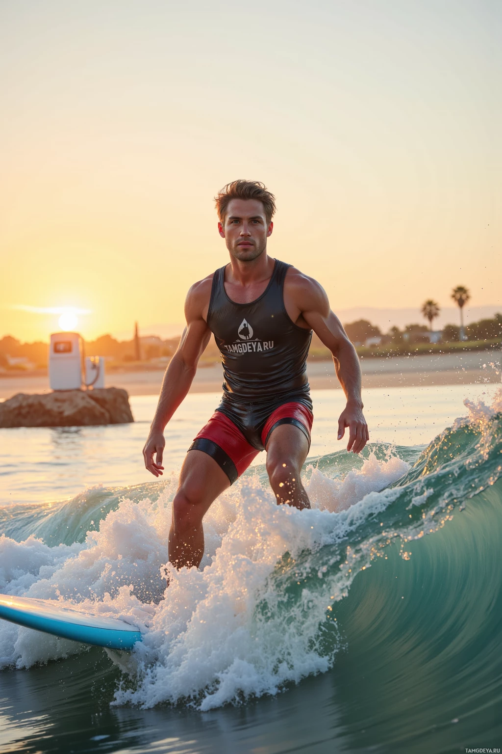 Серфингист ловит волну на закате.