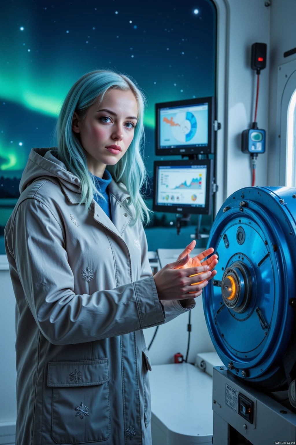 Человек в лабораторном халате стоит рядом с большим аппаратом, в котором горит светящийся элемент, перед монитором с отображаемыми данными.