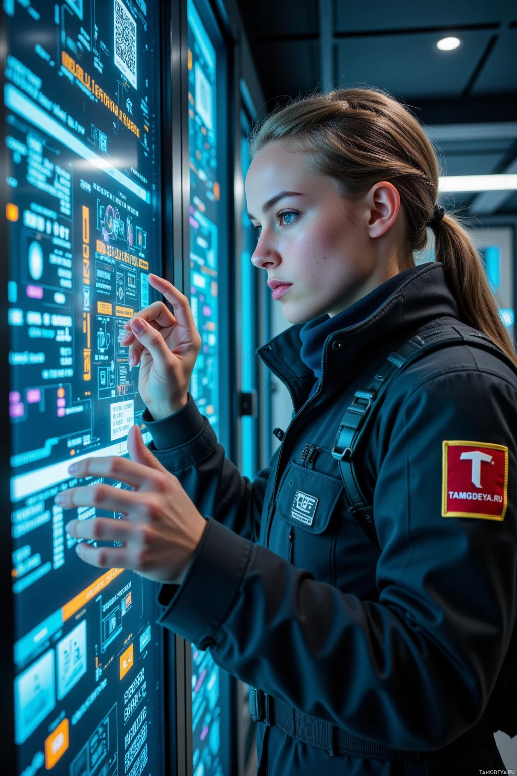 Человек в форме общается с большим, подсвеченным цифровым дисплеем.