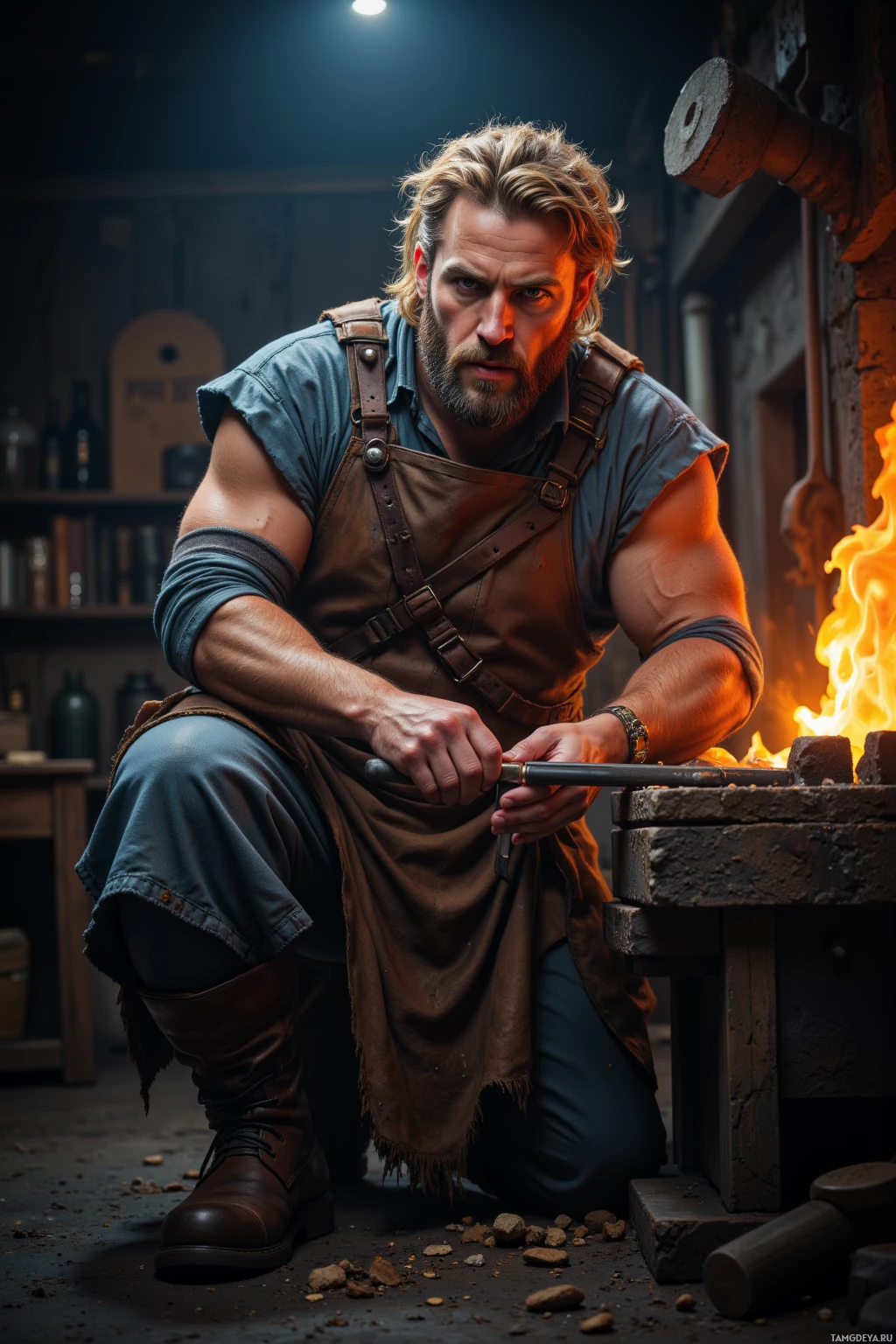 Мужчина в мастерской, в фартуке, опустился на колени возле кузнечной печи с раскаленным огнем и держит в руках инструмент.