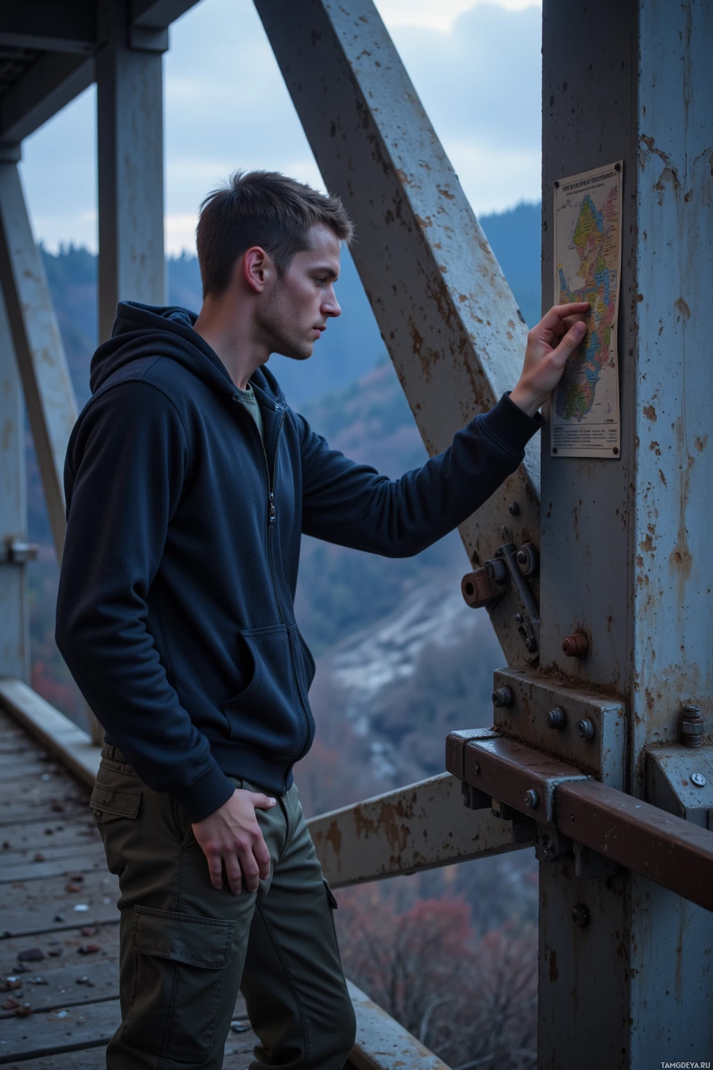 Человек стоит на мосту, любуясь открывающимся видом.