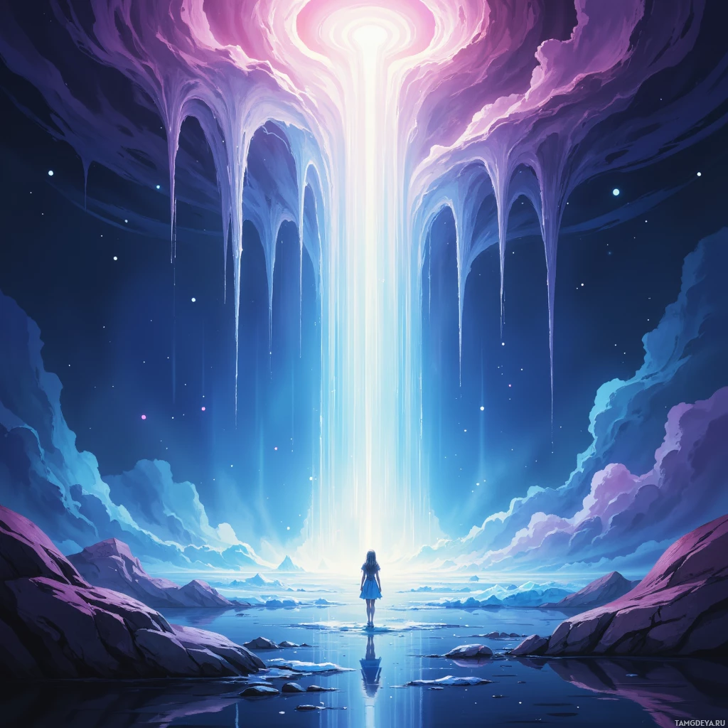 Спокойная сцена: человек стоит на каменистом берегу, глядя на яркий луч света, спускающийся с неба.