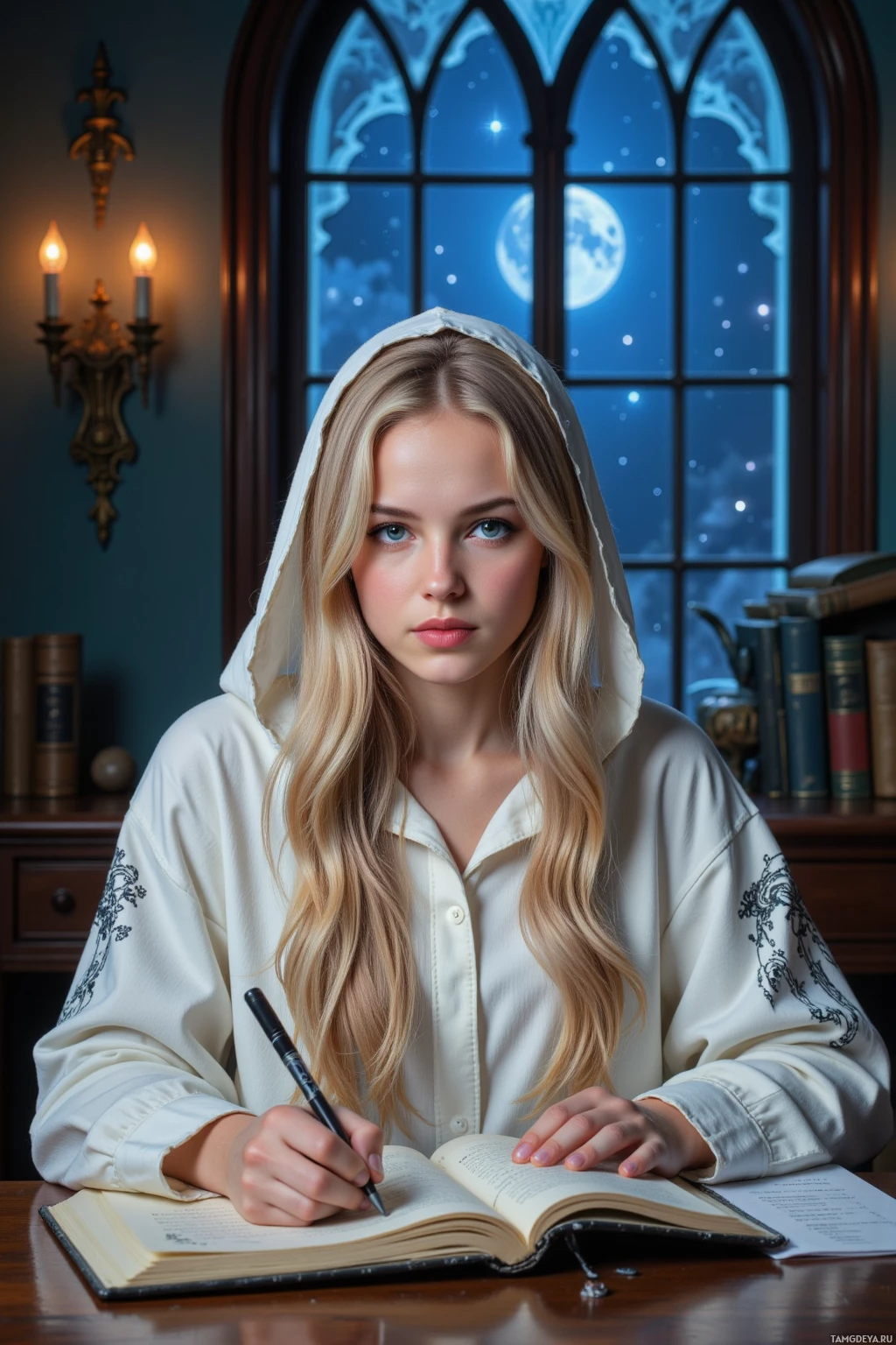Молодая женщина в белом капюшоне сидит за столом и пишет пером в книге.