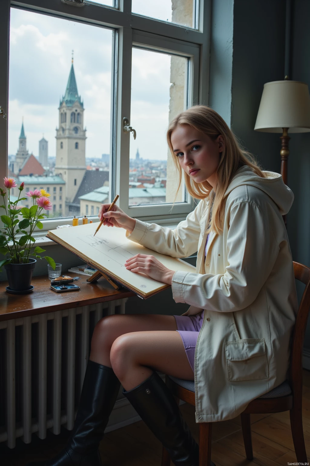 Человек рисует набросок за столом, за окном виден городской пейзаж.