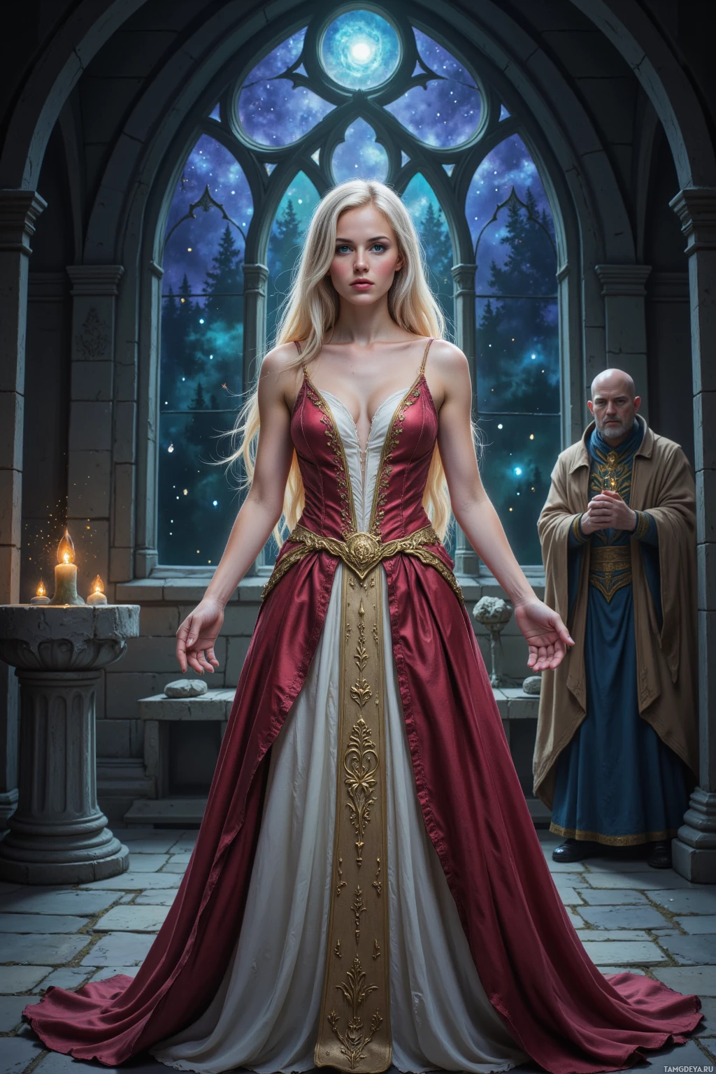 В каменной арке стоит женщина в роскошном платье, на заднем плане виден мужчина с горящей свечой.