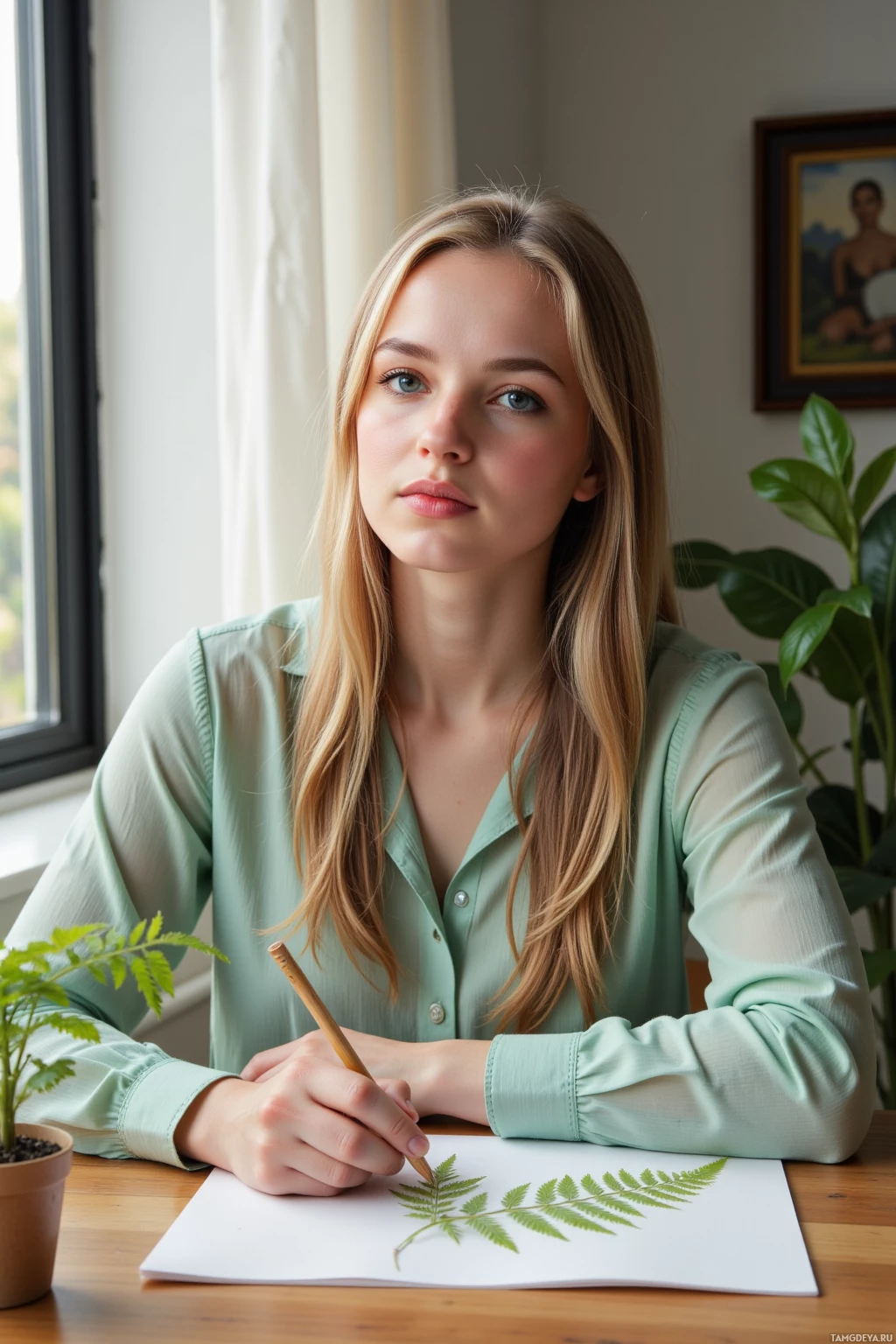 Человек в светло-зелёной рубашке рисует лист на бумаге.