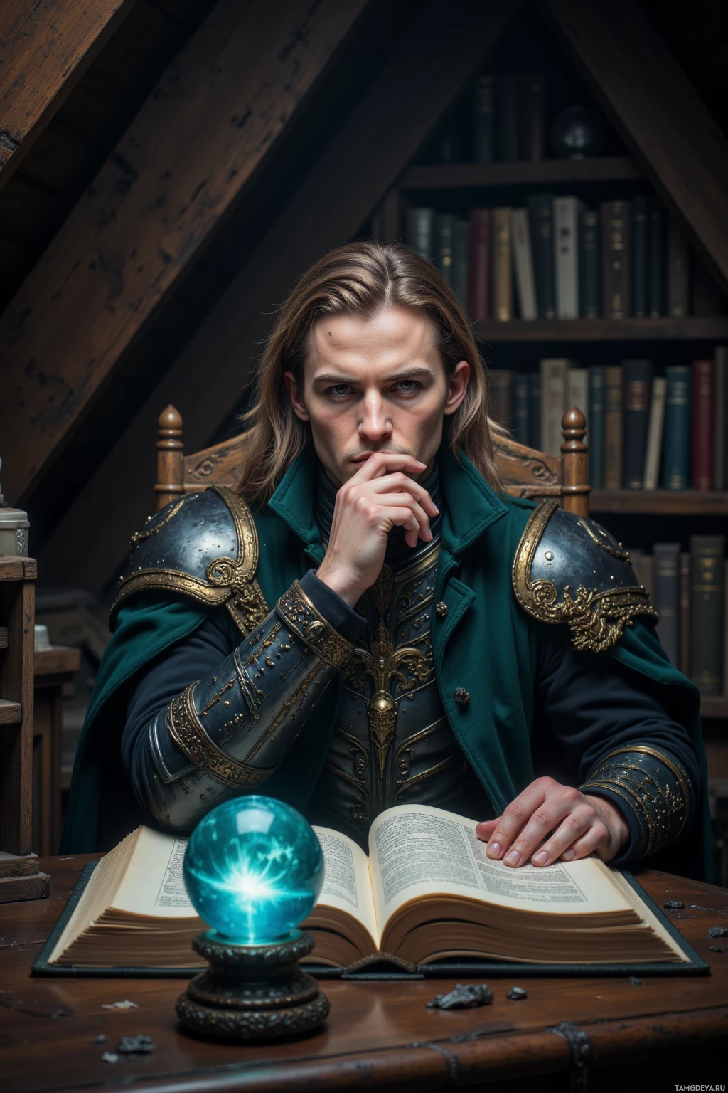 В изысканных доспехах сидит человек за столом, рядом с ним раскрытая книга и светящийся хрустальный шар.