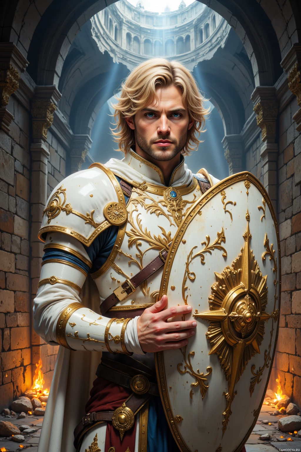 Рыцарь в богато украшенных доспехах стоит в величественном каменном арковом проходе, держа щит.