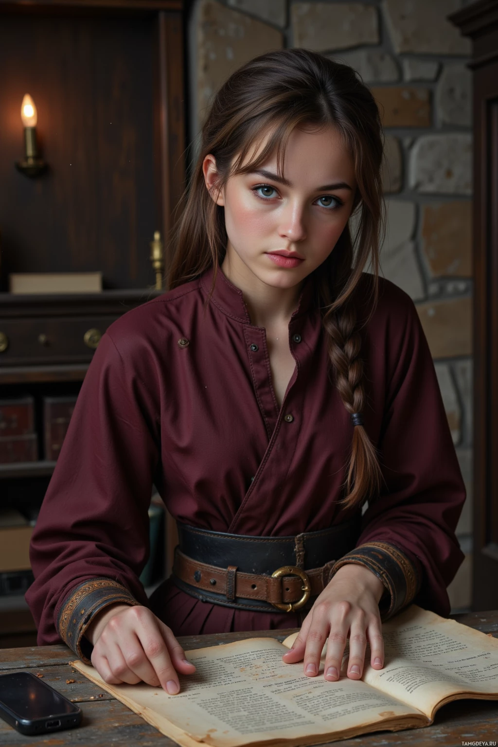 Молодая женщина в бордовом платье сидит за столом и читает открытую книгу.