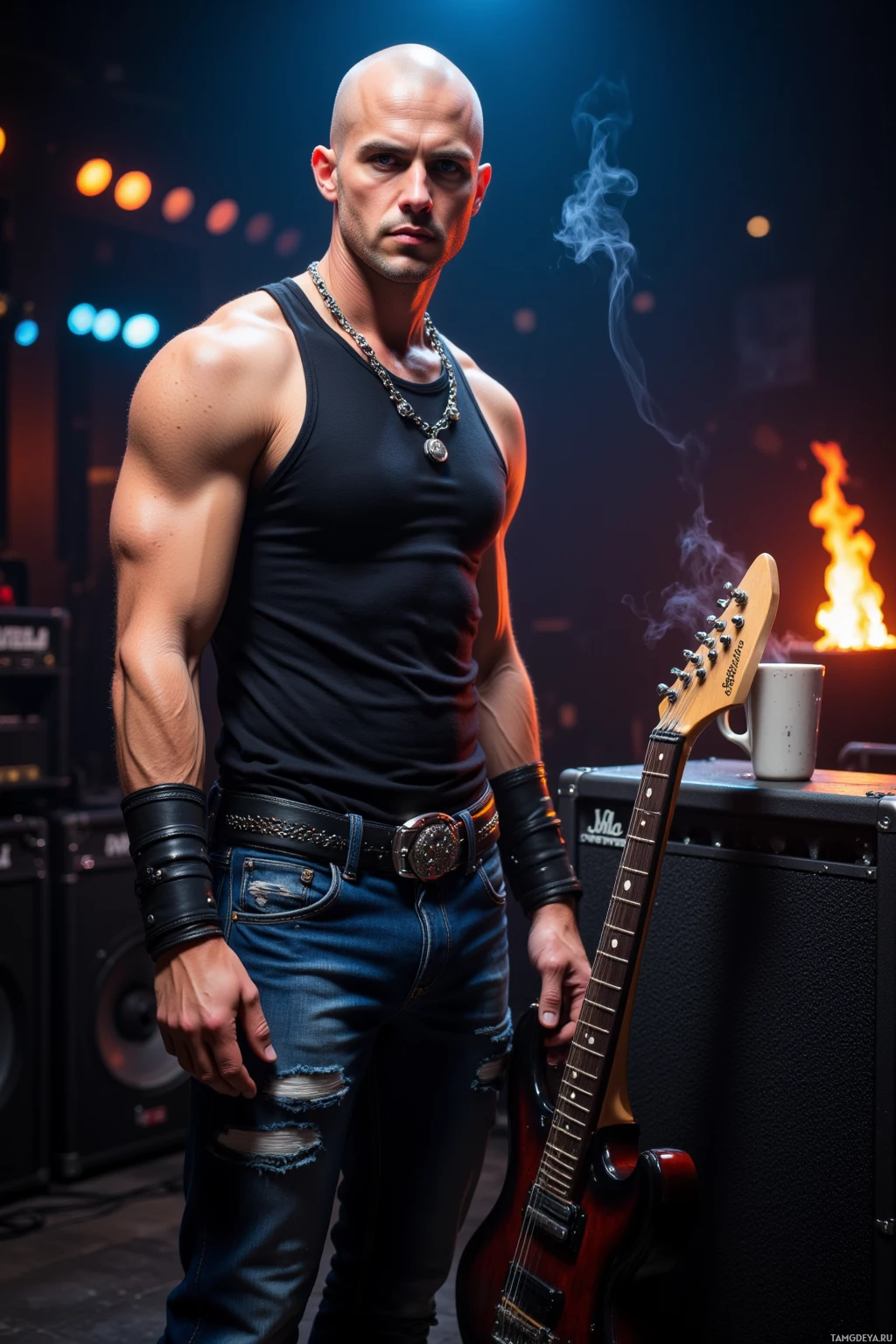Мускулистый мужчина в черной майке и джинсах держит гитару на сцене, на заднем плане – микрофон и усилитель.