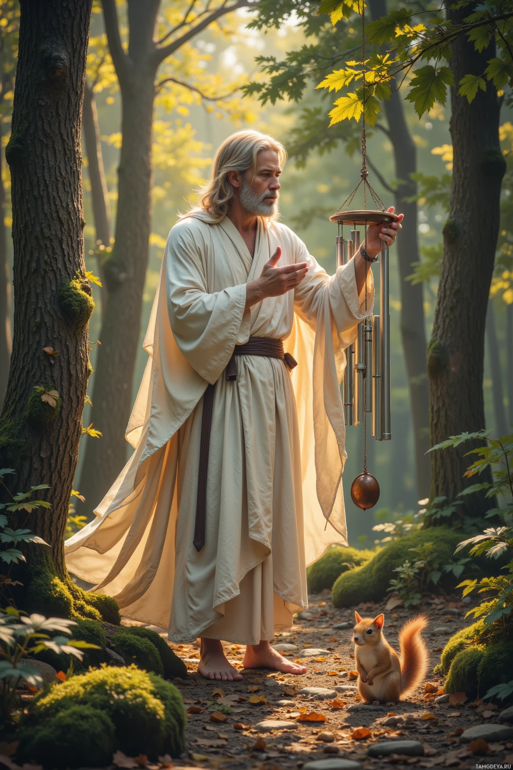 В спокойном лесу стоит человек в развевающейся одежде, держа в руках музыкальную вертушку, рядом белка.