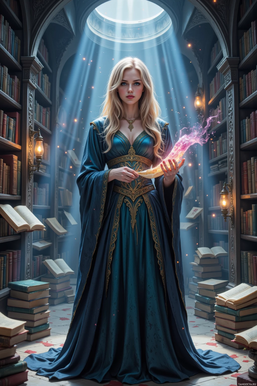 В роскошном платье цвета сапфира женщина стоит в величественной библиотеке, залитой солнечным светом, льющимся из арочного окна.