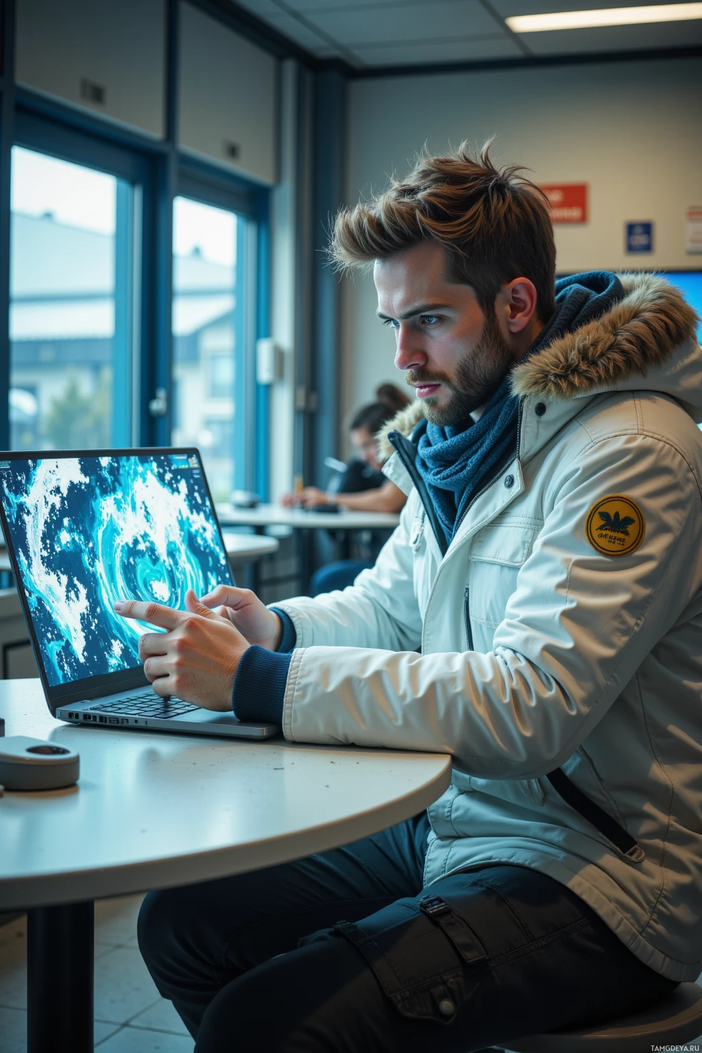 Человек в зимней куртке и шарфе сидит за столом и работает на ноутбуке.