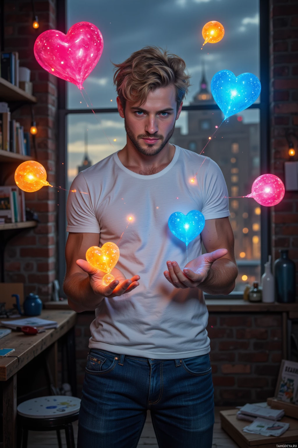 Мужчина в белой футболке и джинсах стоит в комнате, где вокруг него плавают светящиеся шары в форме сердца.