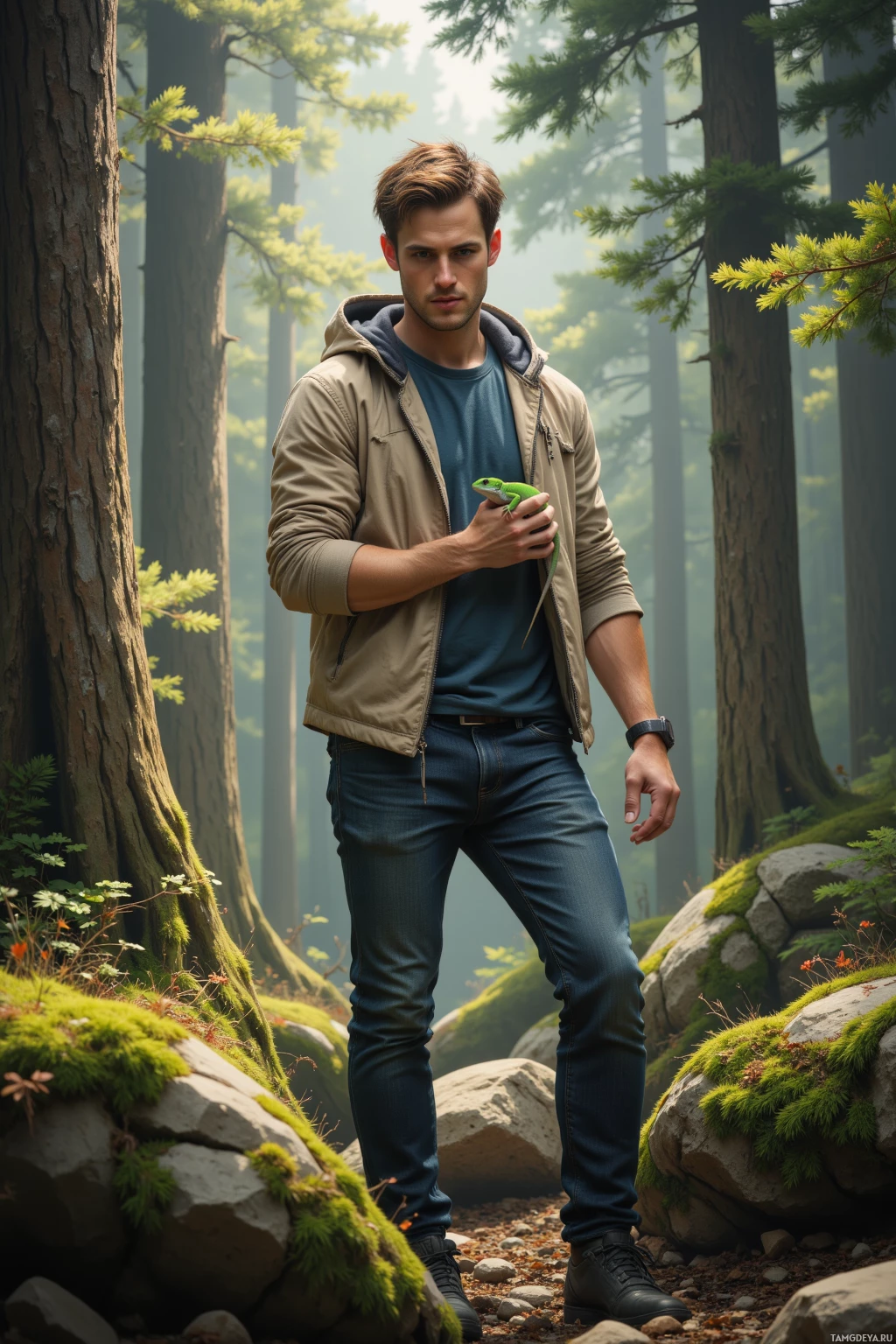 Мужчина стоит в лесу, держа в руках зеленую ящерицу.
