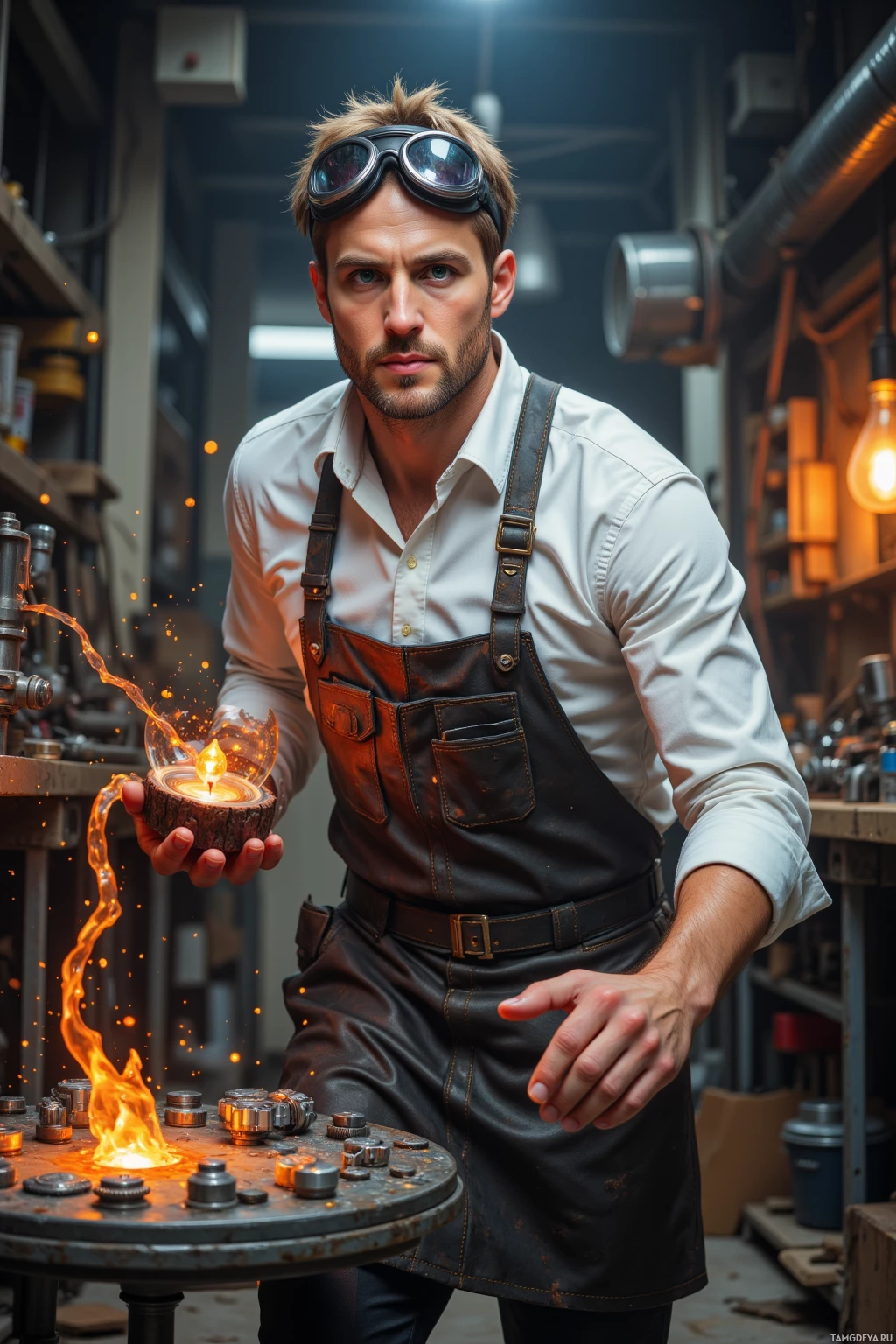 Мужчина в мастерской, в защитных очках и фартуке, держит светящийся предмет.