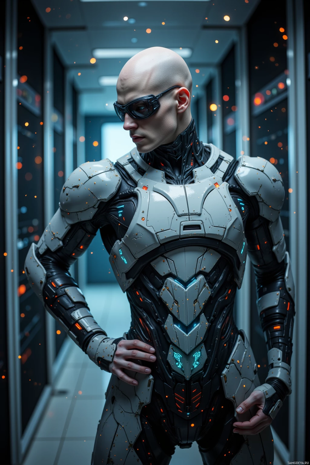 Футуристический бронированный силуэт возвышается в коридоре, заполненном светящимися частицами.