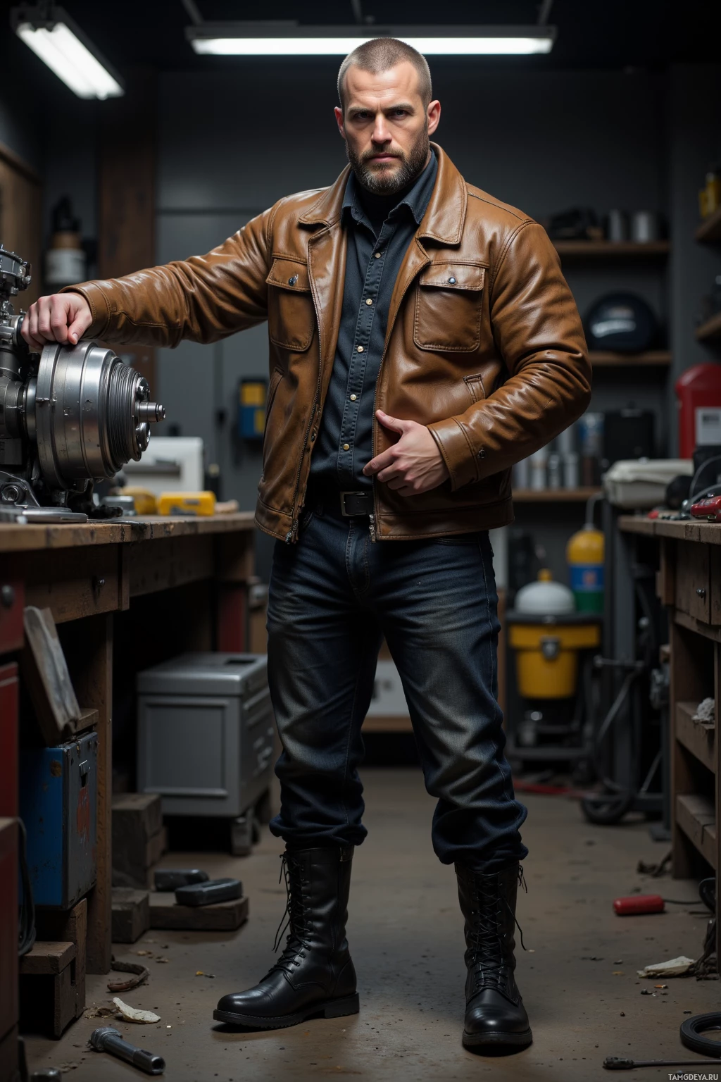 Мужчина в кожаной куртке и джинсах стоит в мастерской.