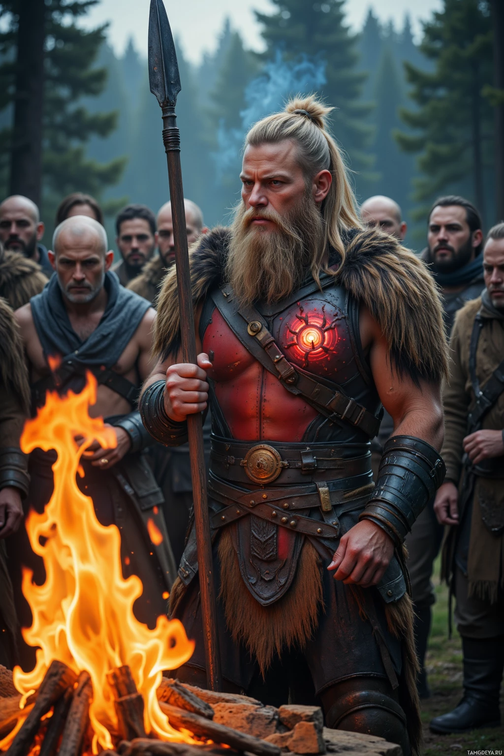 Воин в доспехах стоит у костра, держа копье, на заднем плане виднеется группа людей.
