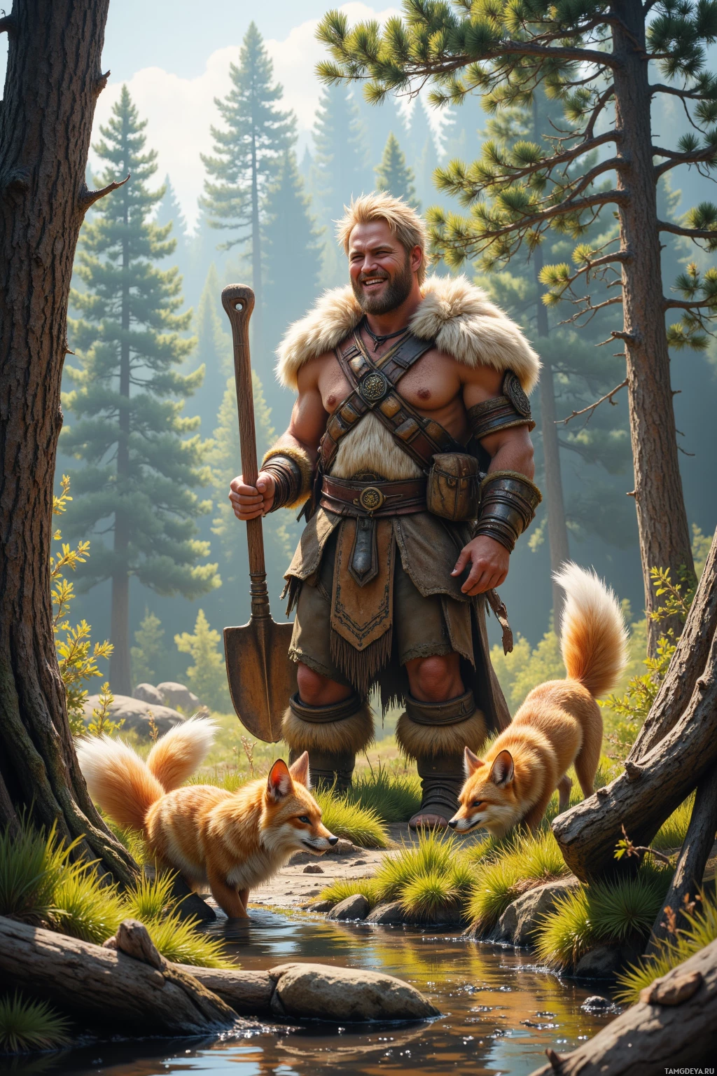 Мужчина в меховой и кожаной одежде стоит в лесу с лопатой, рядом двое лисиц.