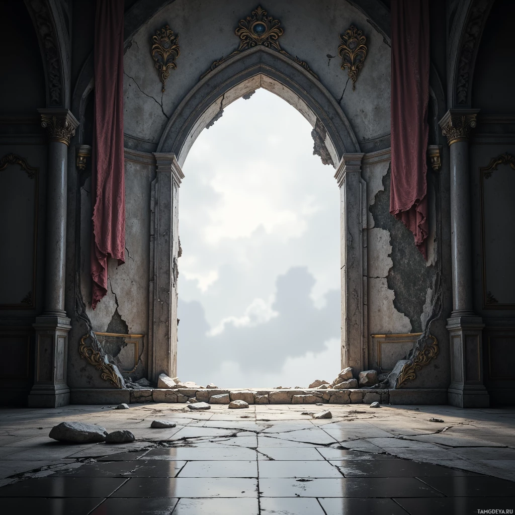 Старый, обветшалый интерьер с разрушенной аркой, ведущей к яркому небу.
