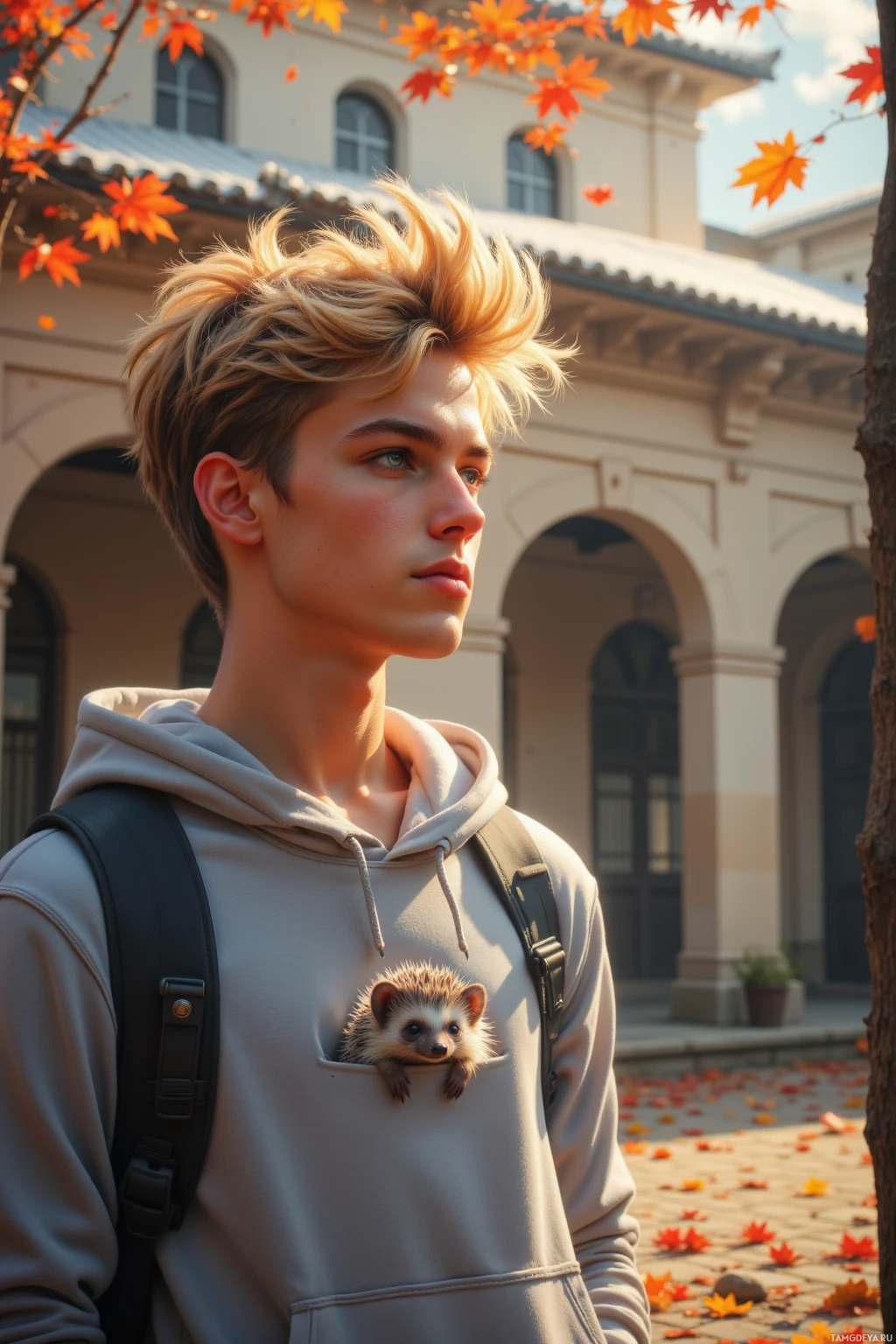 Человек в толстовке с маленьким ёжиком, выглядывающим из кармана, стоит на улице, на фоне осенней листвы и здания.