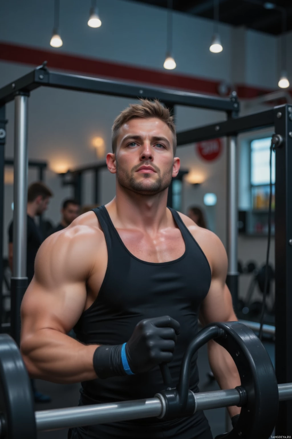 Мускулистый мужчина в спортзале, одетый в черную майку и перчатки, держит штангу.