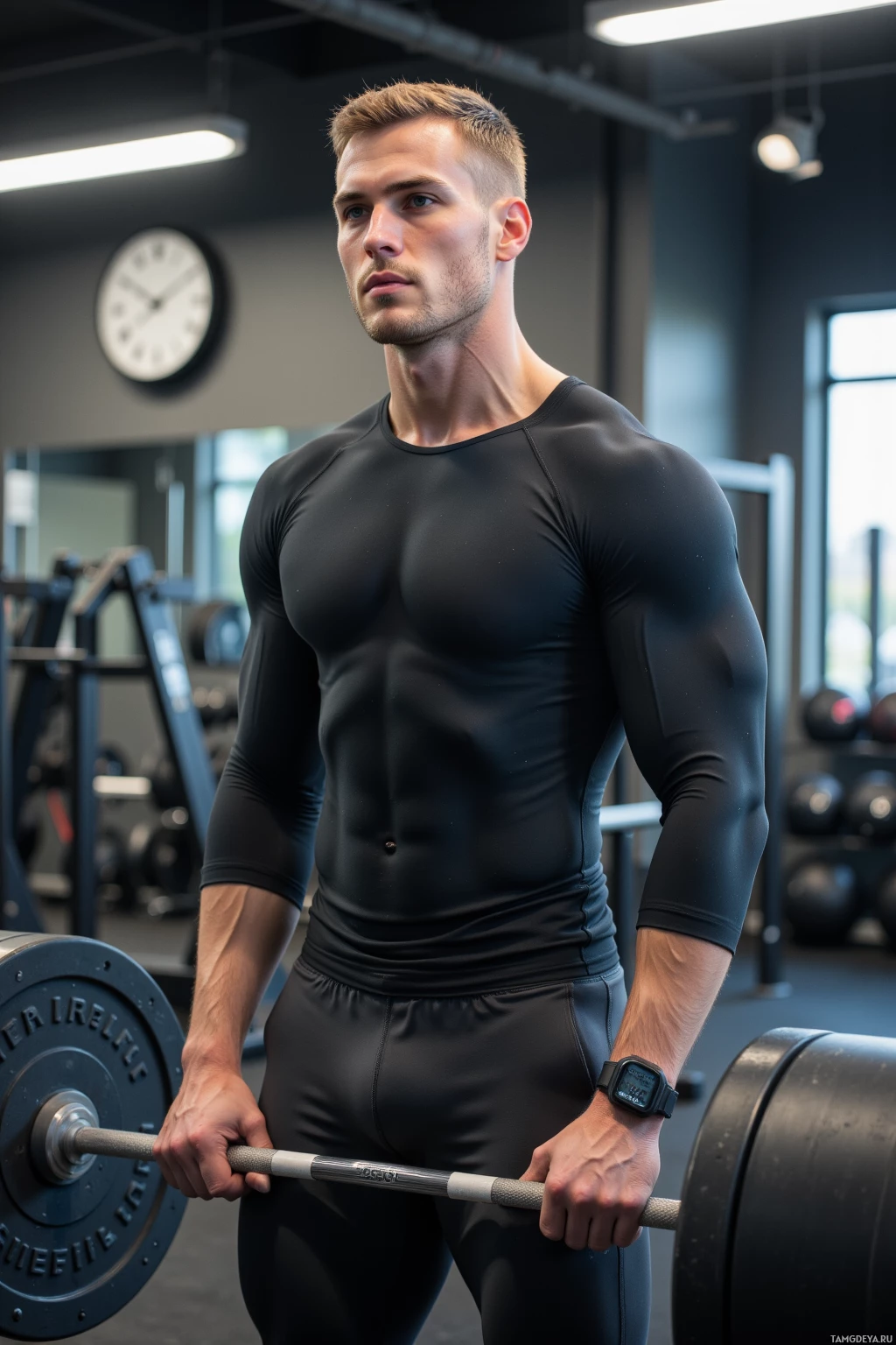 Мускулистый мужчина в спортивном зале, одетый в черную спортивную форму, держит штангу.