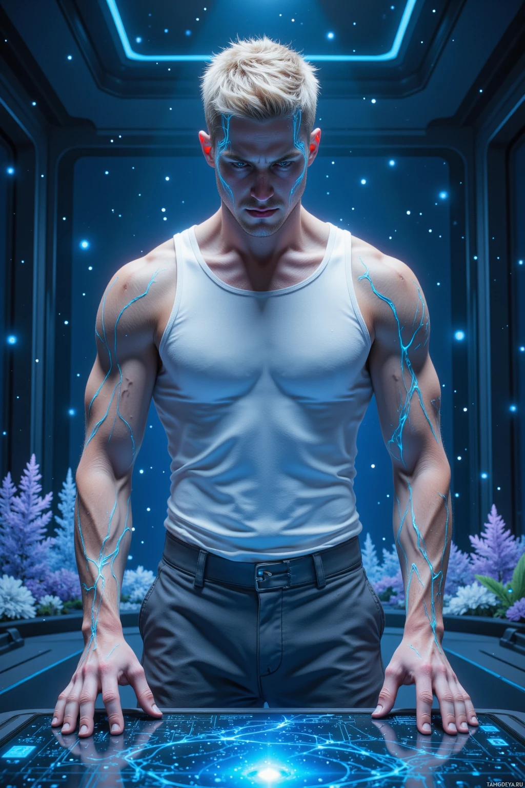 Мускулистый мужчина в белой майке стоит на фоне футуристического пейзажа, его тело и руки подсвечены голубыми линиями.
