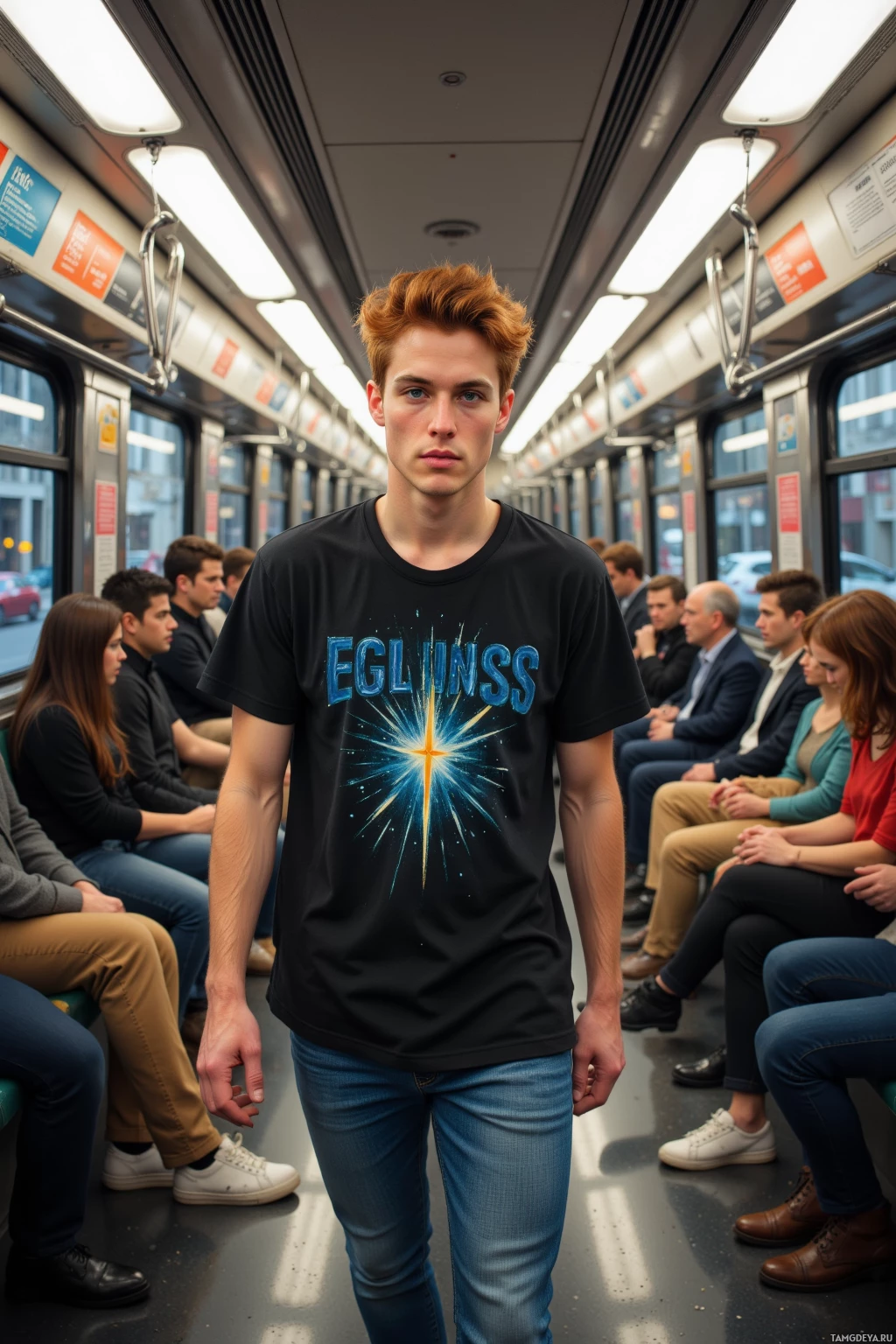 Молодой человек стоит в вагоне метро, одетый в черную футболку с графическим рисунком, среди сидящих пассажиров.