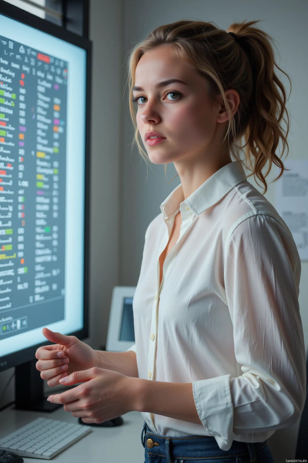 Женщина в белой рубашке стоит перед компьютерным монитором, жестикулируя руками.