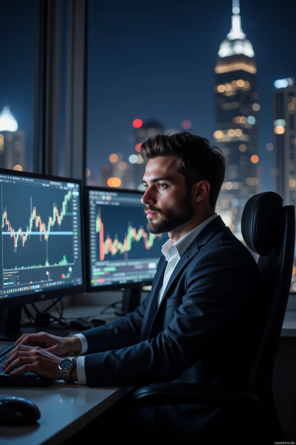 Мужчина в костюме работает за столом с несколькими мониторами, на которых отображаются графики финансовых данных, на фоне ночного городского пейзажа.