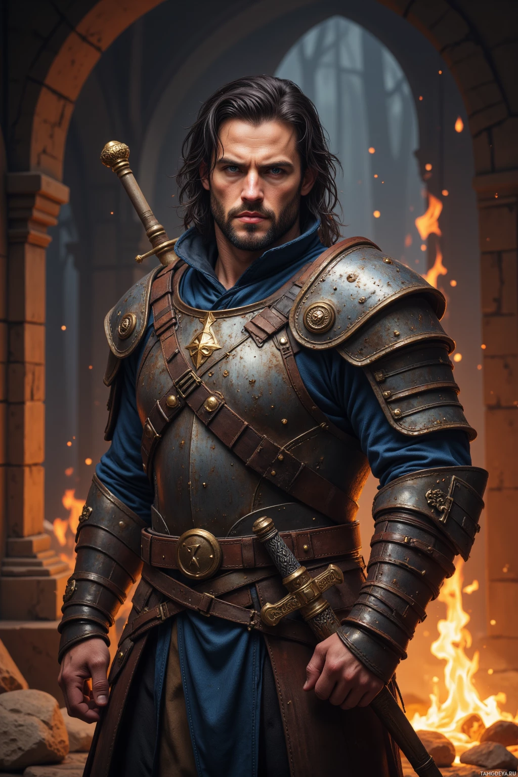 Воин в средневековых доспехах стоит перед каменным аркой, с мечом у бока.