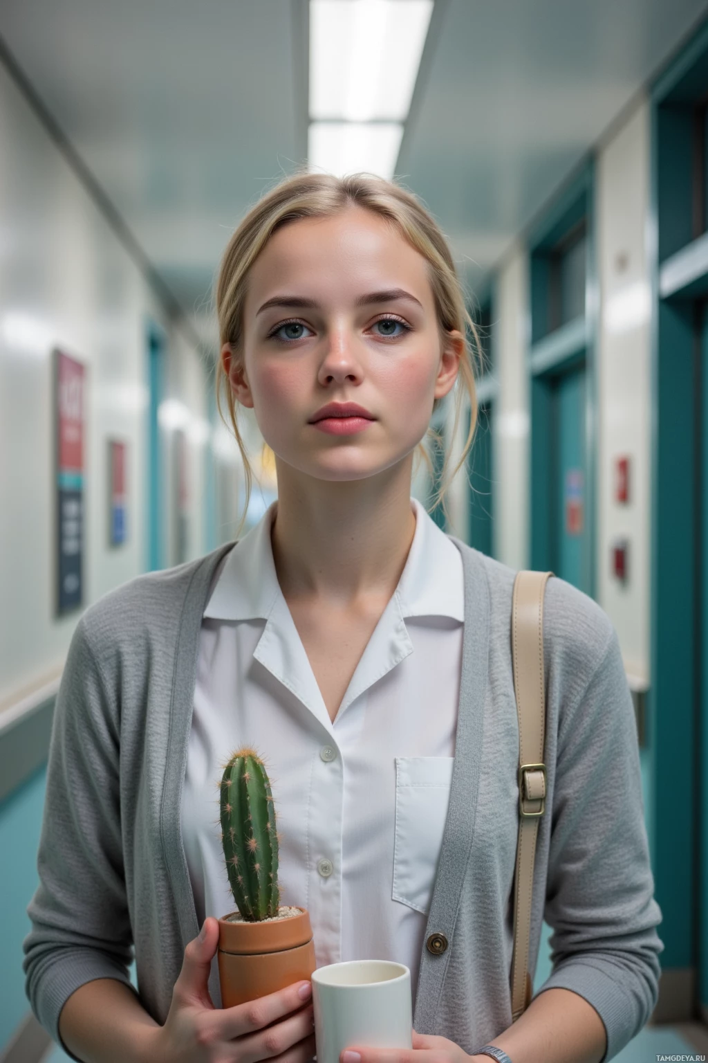 В коридоре стоит человек, держащий в руках небольшой кактус в горшке и белую чашку.