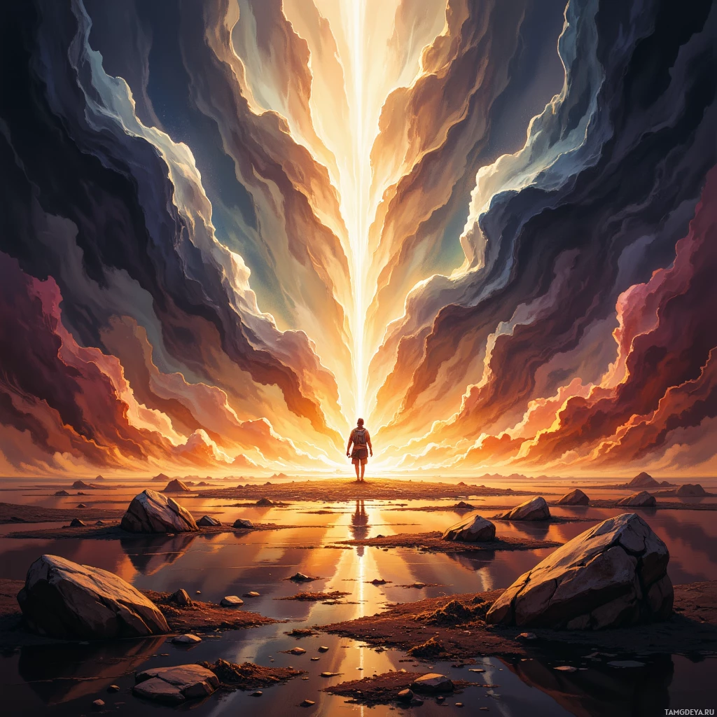 Одинокая фигура стоит на каменистом берегу, глядя на сияющий, неземной свет, пробивающийся сквозь грозные облака.