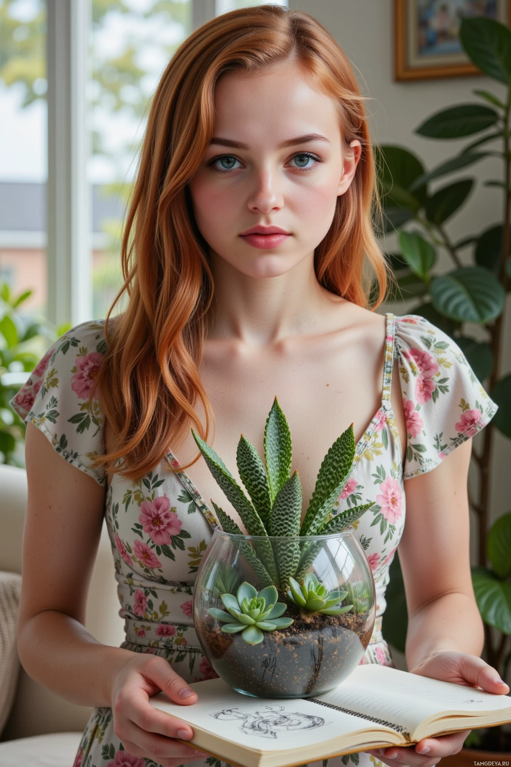 У девушки с длинными рыжими волосами в руках стеклянный террариум с суккулентами и раскрытая книга.