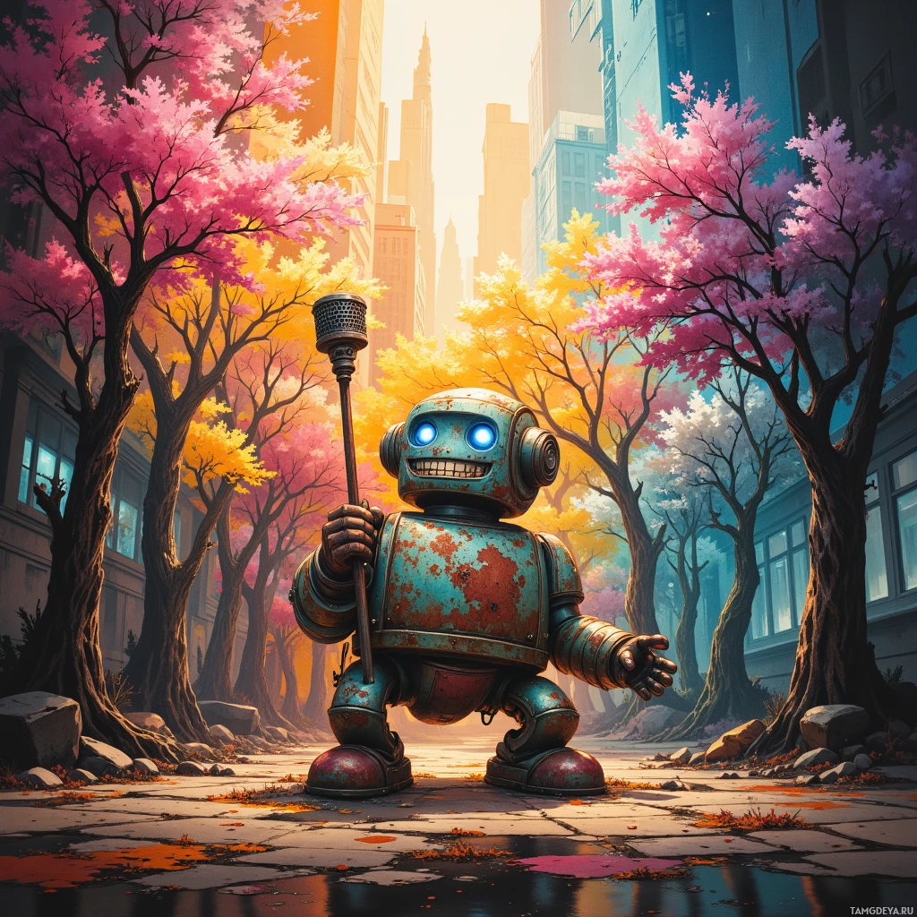 Робот стоит на фоне красочного осеннего городского пейзажа с деревьями и небоскребами.
